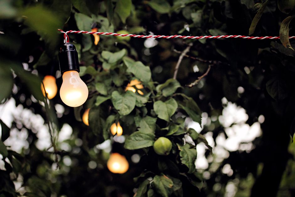 Patio decorated with colorful outdoor lanterns. Patio decorated with colorful outdoor lanterns.