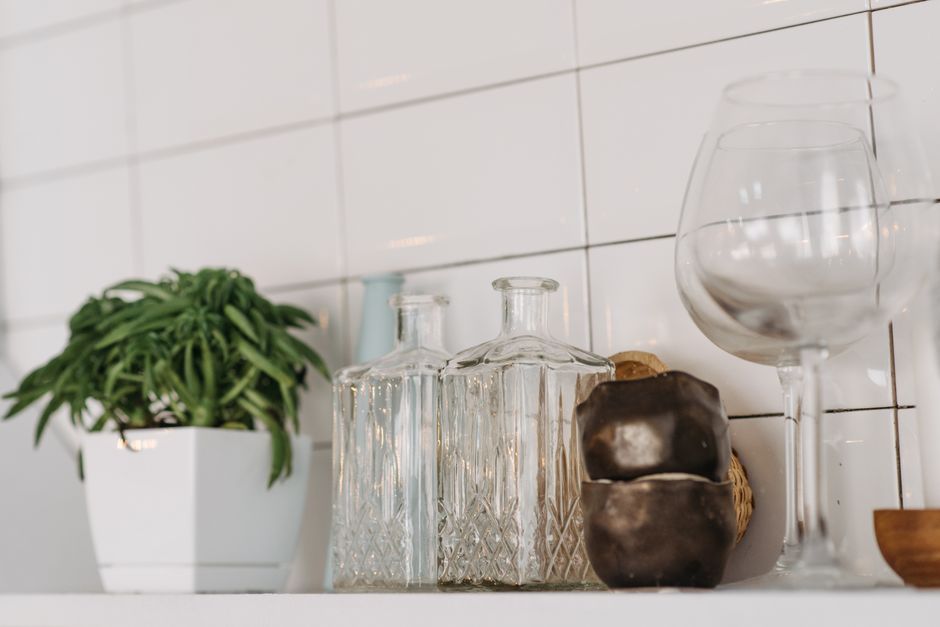 Glass suncatchers illuminate spacious kitchen. Glass suncatchers illuminate spacious kitchen.