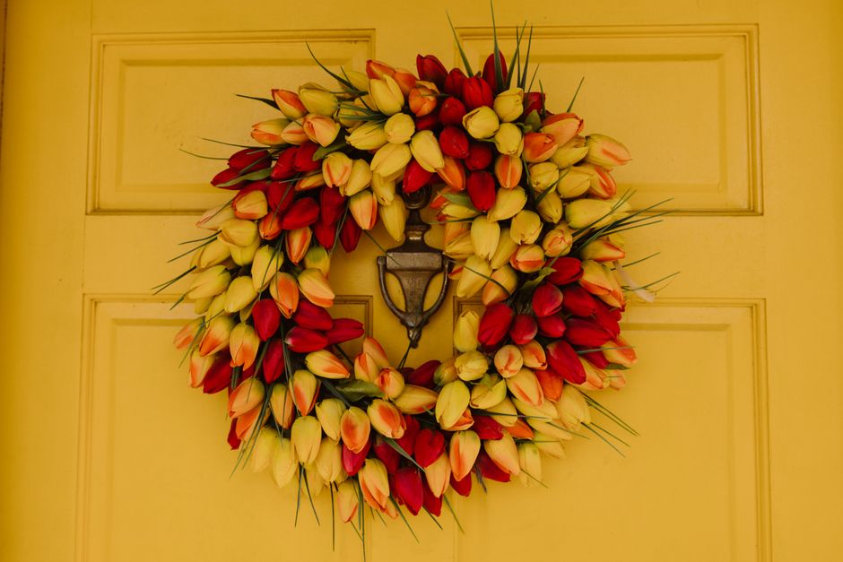 Home entrance adorned with seasonal fall wreaths. Home entrance adorned with seasonal fall wreaths.