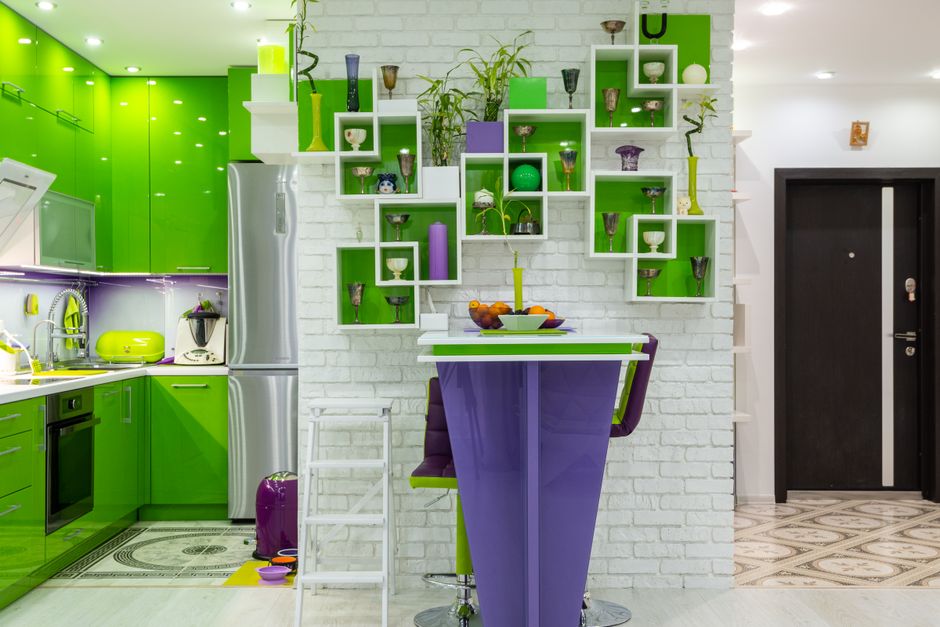 Ochre cabinets paired with purple counters. Ochre cabinets paired with purple counters.
