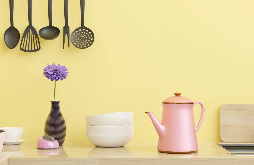 Bold kitchen with purple and ochre accents. Bold kitchen with purple and ochre accents.